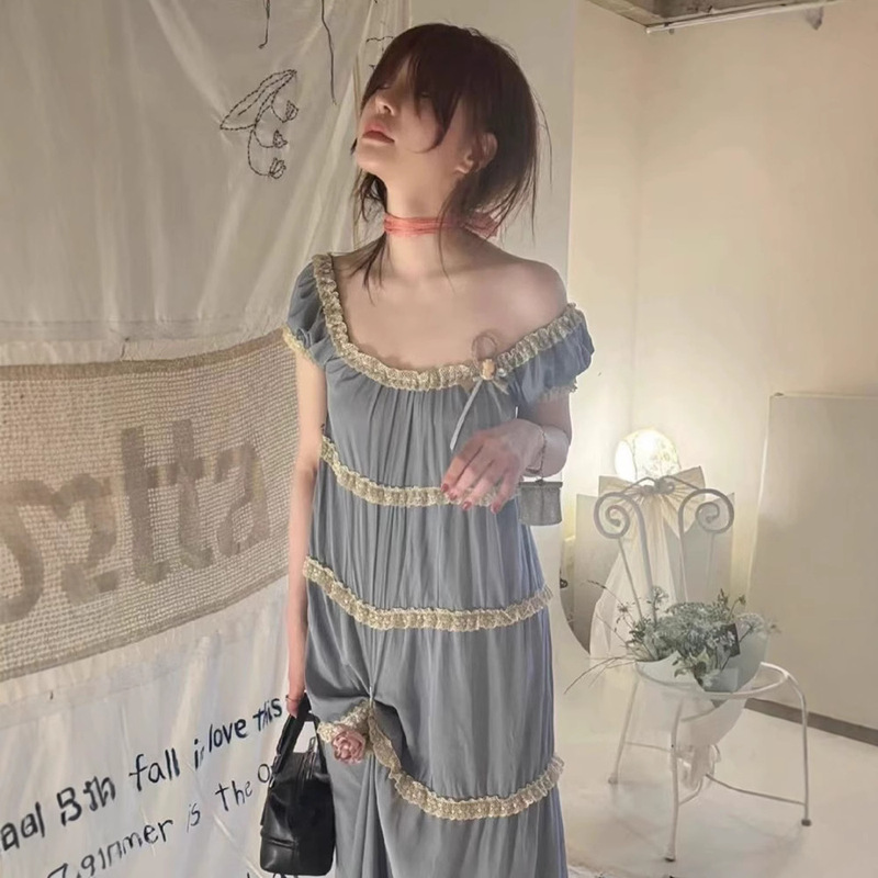 Spot French Lace Cake Skirt 2025 Summer Women's Loose Blue Long Dress Freck*E