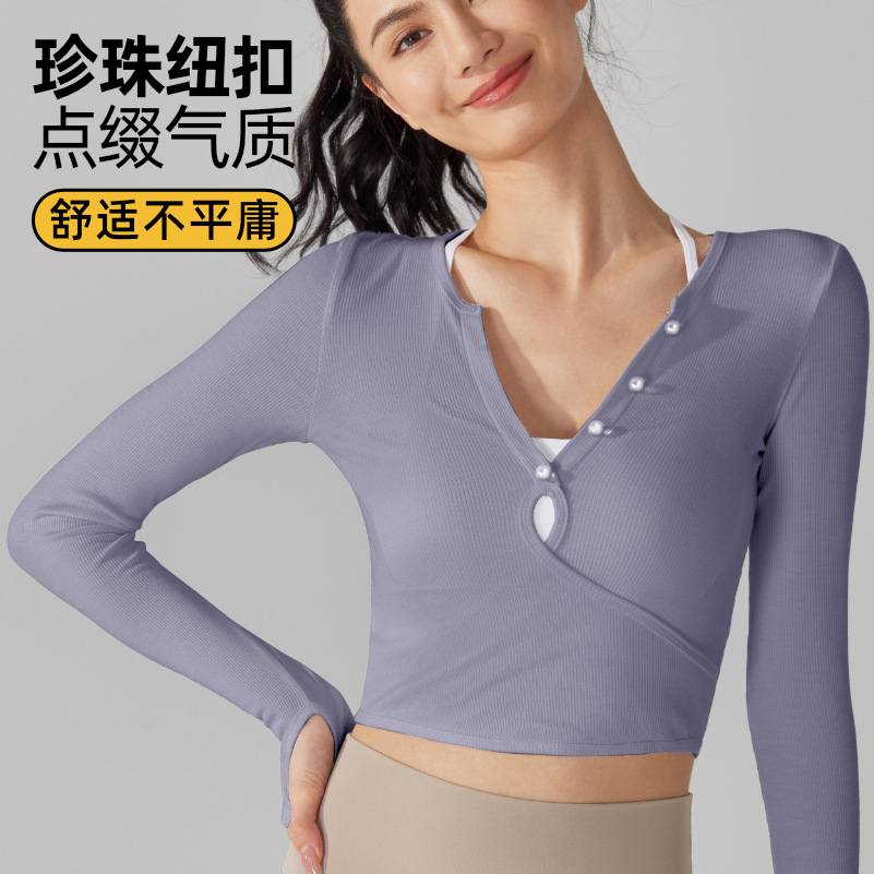 Ningbo Restarts Autumn And Winter Sports Yoga Long-sleeved Running Fitness Tops Twist-button Deep V-neck T-shirt Ribbed Quick-drying Blouse