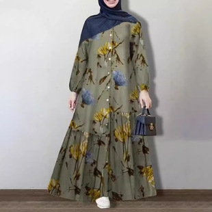 European and American Style Printed Long-Sleeved Loose Casual Floral Long Dress Aliexpress 2024 Retro Dress European and American Style