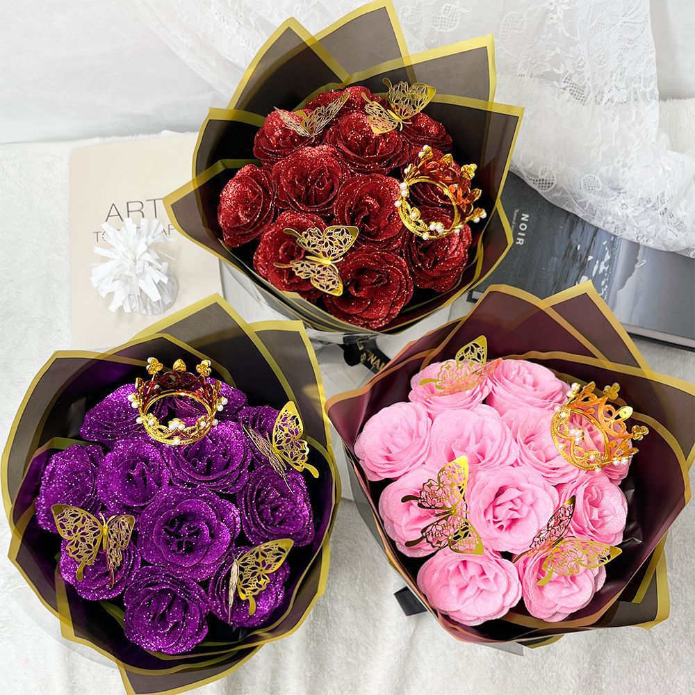 Festival Gifts Christmas Butterfly Crown 24 Glitter Rose Gold Powder Bouquet Artificial Rose DIY Wrapping Paper Valentine's Day Gift_voghion.com