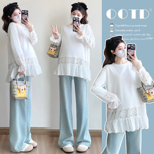 Pregnant Women's Dress Spring and Autumn Fashionable Korean Style Fungus Edge Hollow Lace Stitching Long Sleeve Shirt Pregnant Women's Top