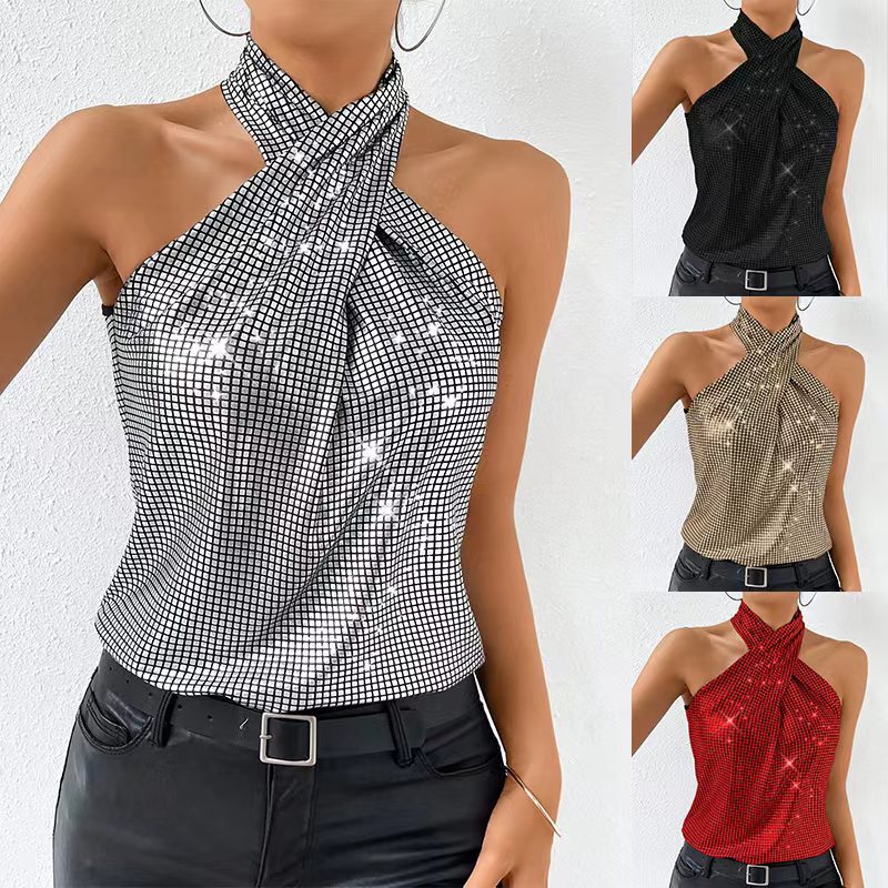In-Stock European and American Cross-Border Trade Hot-Selling Sexy Simple Sequin Halter Neck Tank Top for Women