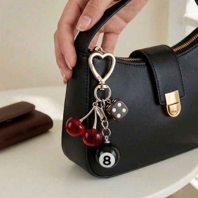 Y2K retro red cherry black 8-ball dice keychain sweet and cool heart-shaped pendant bag decoration