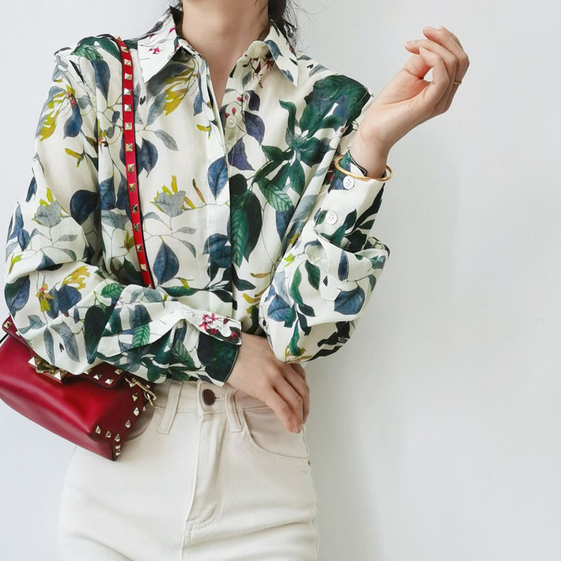 French Retro Style Artistic Print Silk Cotton Long-Sleeved Shirt for Women Buttoned Mid-Length Mulberry Silk Shirt