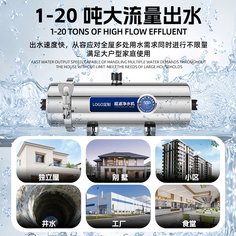 Purificador de agua de acero inoxidable para uso doméstico, adecuado para agua del grifo, agua de pozo, purificador de agua de ultrafiltración para toda la casa con elemento filtrante de PVDF.