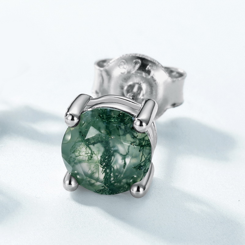 Pendientes redondos de ágata de hierba de agua natural especial transfronteriza S925 Pendientes de piedra de musgo verde con incrustaciones de plata simple y de moda