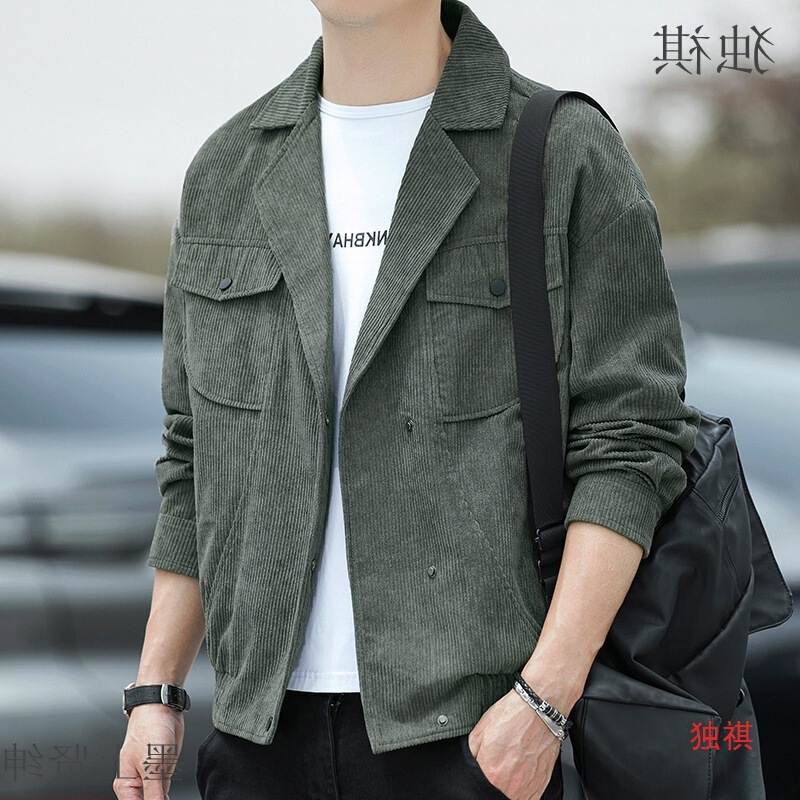 suit collar frock men's jacket coat trendy brand Cuban collar corduroy solid color jacket 2023 spring and autumn new