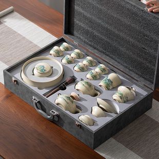 Qianli Jiangshan Huangruyao Kung Fu Tea Set Tea Tray Set Household Accessible Luxury Teapot Cover Bowl Tea Cup Tea Set Chinese Style