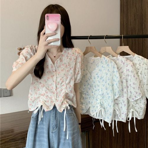 Chiffon Blouse Summer Korean Style Square Collar Bubbling Sleeve Chiffon Short Sleeve Top