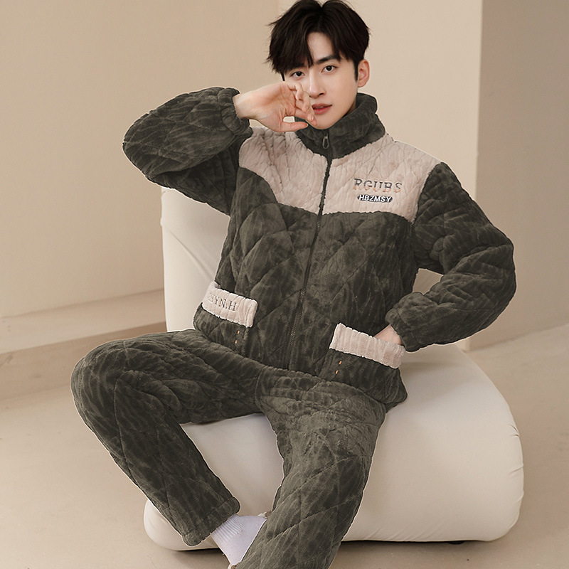 (2개) 남성 잠옷 겨울 새 산호 벨벳 3 층 퀼트 두꺼운 플러스 벨벳 따뜻한 겨울 초대형 겉옷 집에서 입는 옷
