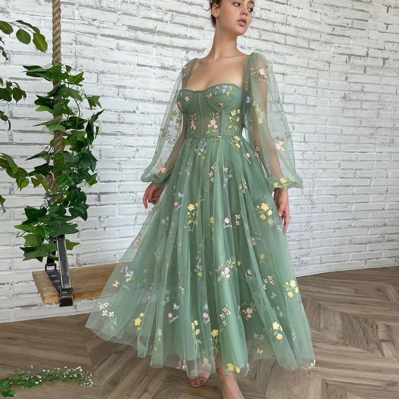 European and American Foreign Trade Amazon AliExpress Independent Station Long Sleeve Lace Green Puff Sleeve Ball Long Evening Dress