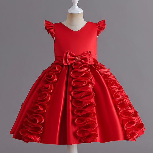 Child's Formal Dress Silk Evening Gown Dinner Dress Little Wing Sleeve Sweet Princess Dress Performance Costume Host Flower Girl Dress