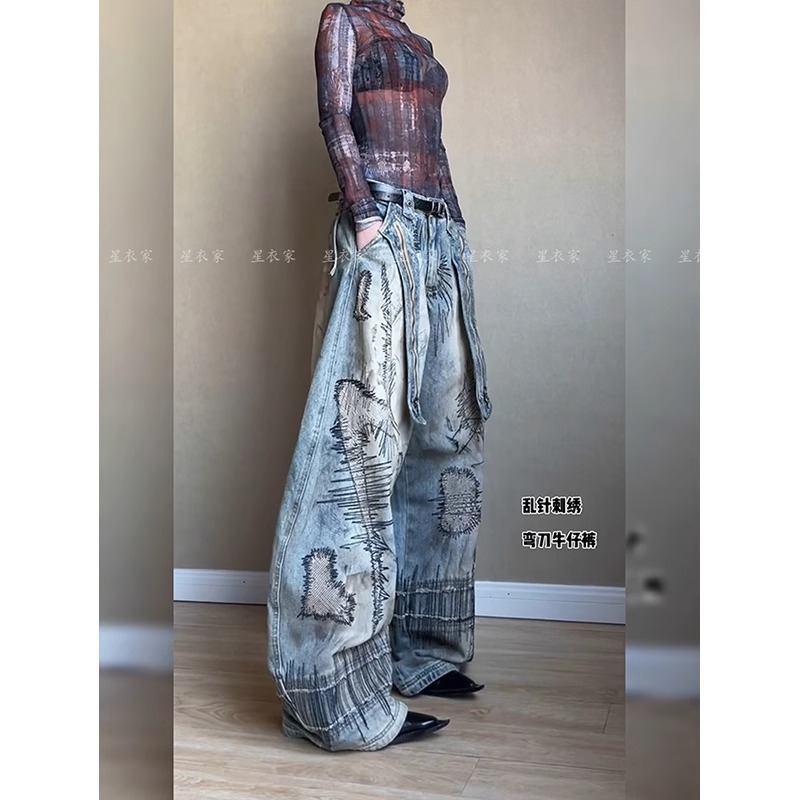 アメリカンレトロな古い汚れのあるカーブスミスジーンズ女性用2025夏ホットガール乱針刺繍フロアレングスパンツ|undefined