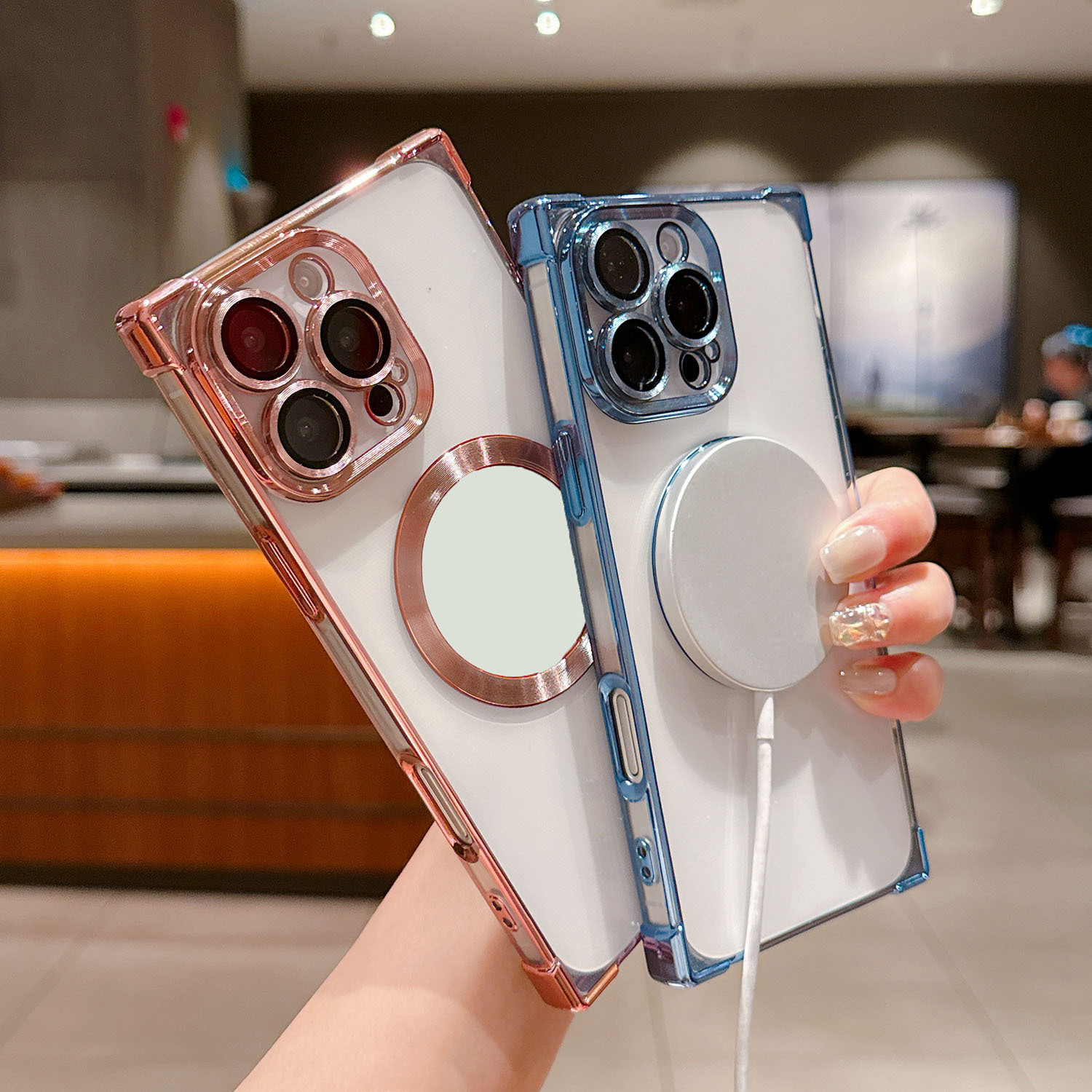 Funda para iPhone 17 Pro Max, Funda Magnética Cuadrada Electrochapada, Funda Protectora Transparente Anti-caídas para Apple 15 y 16