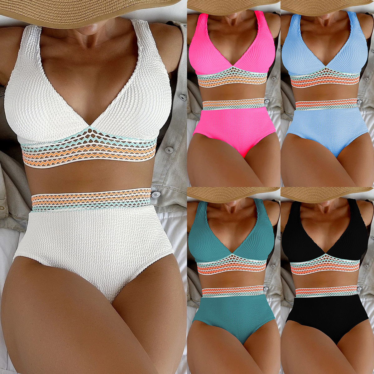 European and American Foreign Trade Swimsuit Women's Split High Waist Belt Stitching Solid Color Special Fabric Internet Celebrated swimsuit Bikini