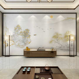 现代中式手绘浮雕大理石纹线条水墨山水画轻奢客厅背景墙壁纸墙画