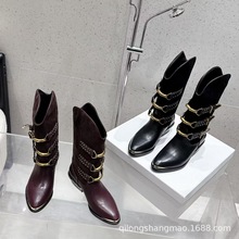 高端2025秋冬欧美真皮金属铆钉扣尖头粗跟西部牛仔靴宽筒时装靴女