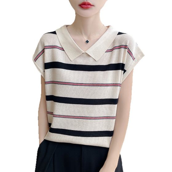 Summer New Lyocell Tencel Polo Collar Short-Sleeved Top T-Shirt Women's Loose Ice Silk Wide Stripesd Knitwear
