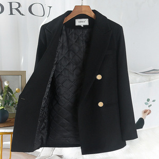 Casual Black Quilted Wool Suit Jacket Women's Small Design Niche Autumn and Winter Cotton Thick Suit Top