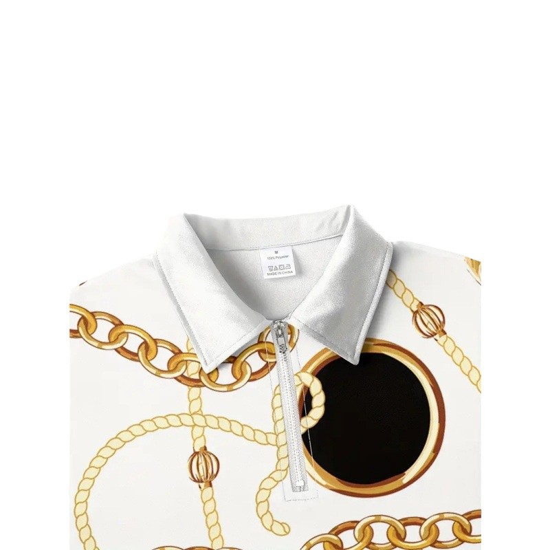 Hombre europeo y americano calle todo fósforo cadena de oro impresión 3D transpirable suelta solapa cremallera camisa POLO traje de polo de manga corta