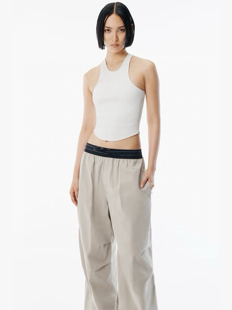 American-style Lettered Webbing Elastic Waist Wide-leg Trousers With Pleats, Cargo Casual Pants