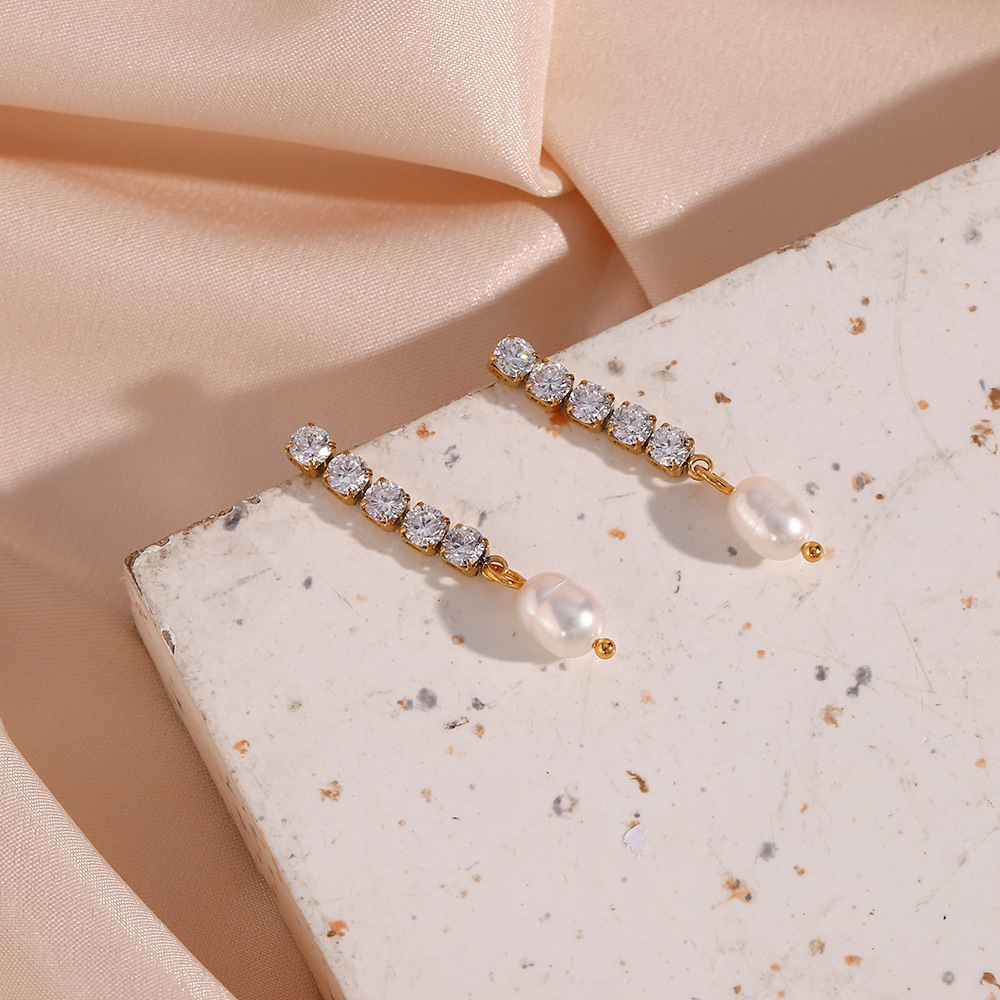Zircon Chain Freshwater Pearl Stainless Steel Earrings