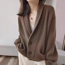 蒙亿设计款小众慵懒风羊毛开衫女秋冬时尚青果领宽松毛衣外套上衣