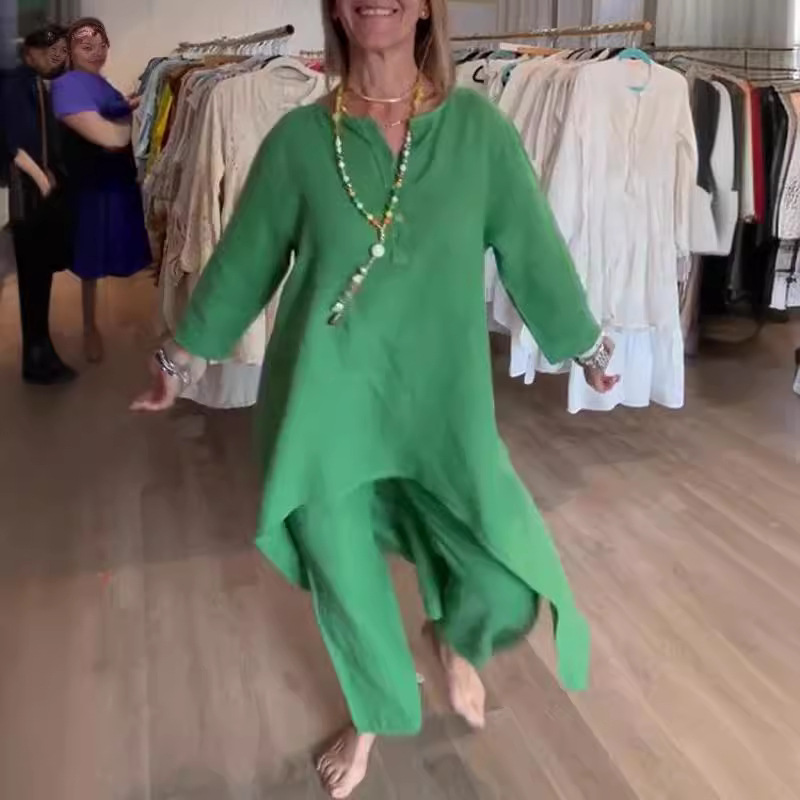 Conjunto de verano de manga larga de algodón y estilo holgado, informal, de color sólido, de venta rápida, nuevo producto para mujer_voghion.com