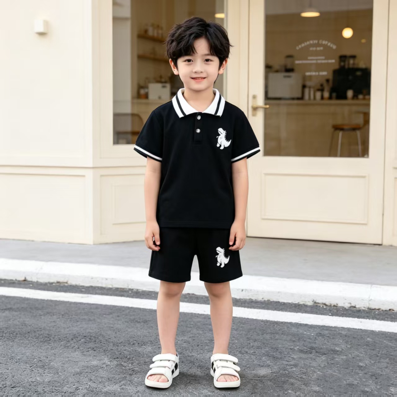 Ropa infantil transfronteriza para niños de verano casual moda dinosaurio bordado polo camisa + pantalones cortos dos piezas set al por mayor
