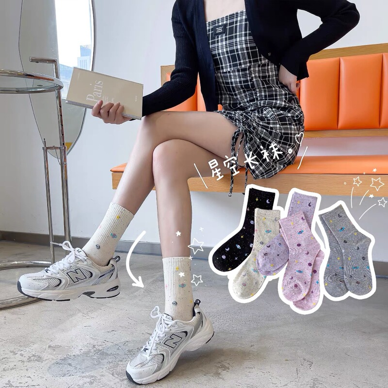 Space Planet Socks Women's Mid-tube Socks Gympani Universe Cartoon Girls Ins Trendy Korean Style Dot Yarn New Wholesale