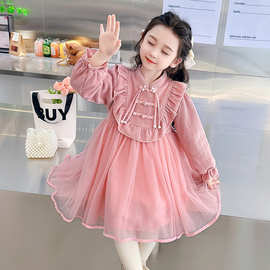女童2023年冬款新款韩版加绒盘扣公主纱裙一件代发洋气连衣裙童装