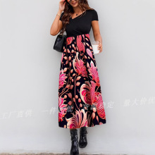 2025春夏外贸气质女装亚马逊wish欧美跨境拼接印花优雅时尚连衣裙