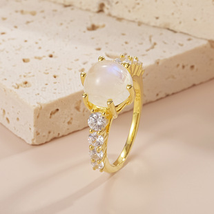 Gold Gemstone Ring 2.7 Carat Plated 18K Gold S925 Sterling Silver Inlaid with Natural Moonstone Ring Small and Fresh