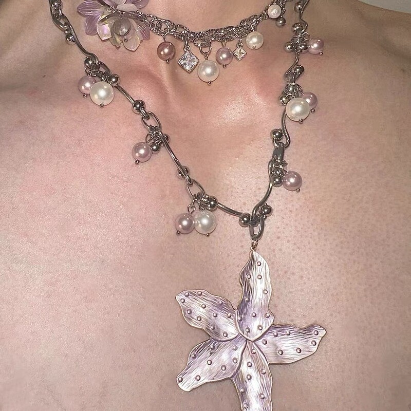 Original design [Ocean Star] Starfish flower titanium steel pink purple pearl necklace choker clavicle chain
