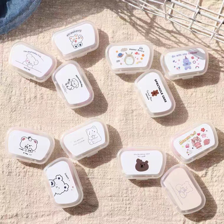 South Korea ins simple cute portable contact lens box with mirror beauty contact lens couple Box storage care double box