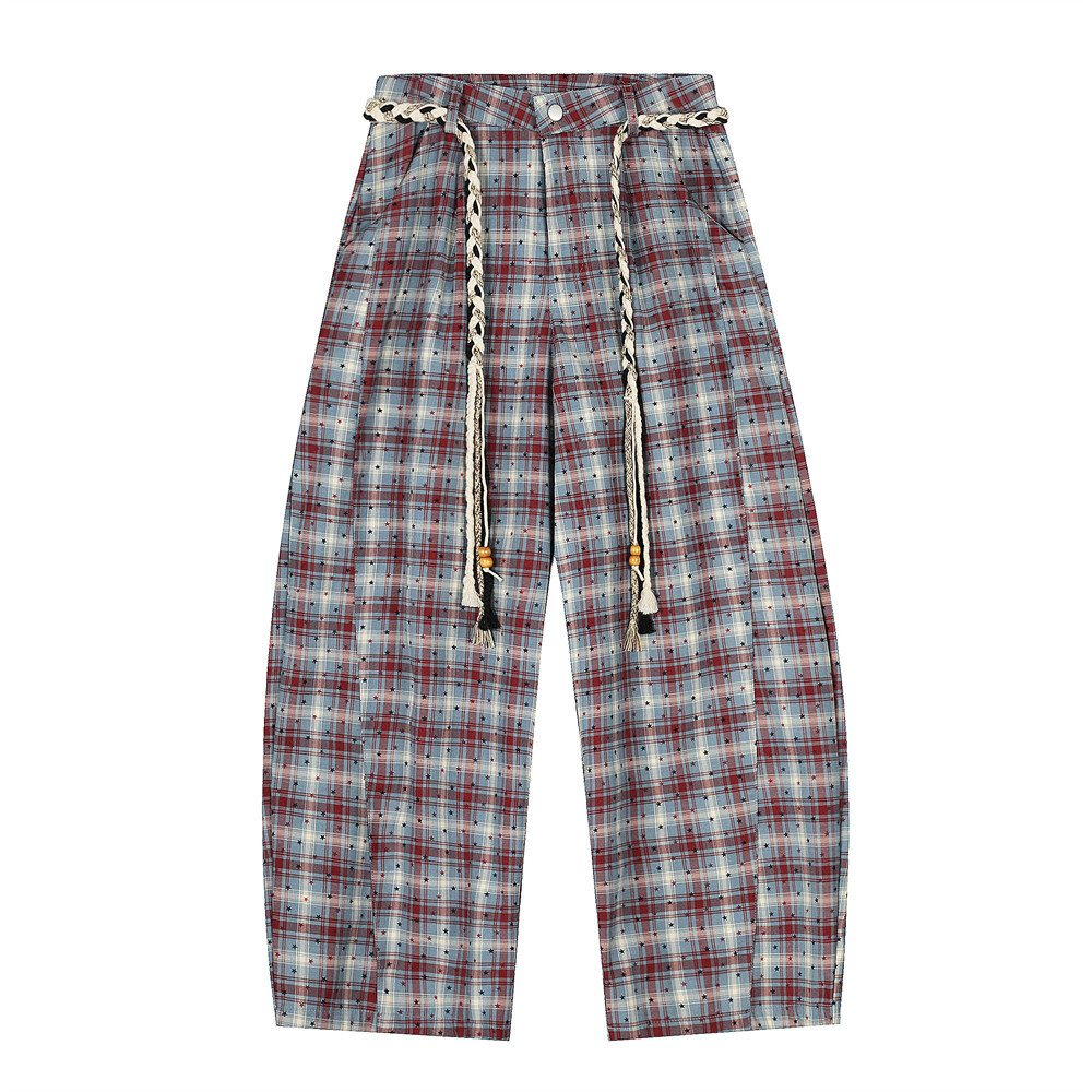 Loose Fit Plaid Scimitar Pants With Drawstring, Unique Niche Design, Checkered Casual Trousers For Men_voghion.com