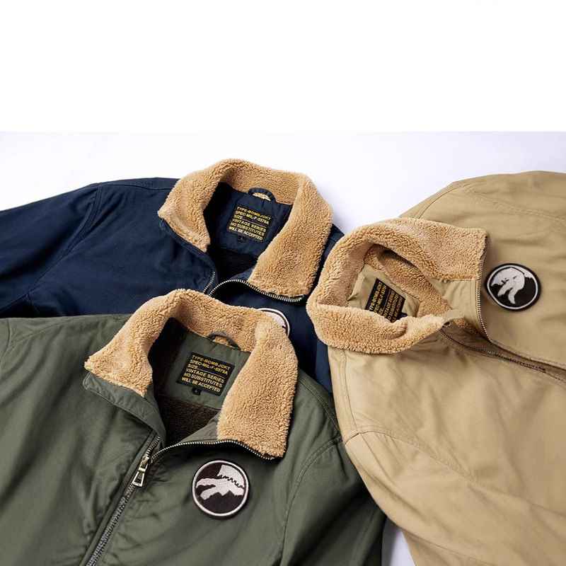 VIP Winter Lamb Fleece Coat Men's Cotton-padded Bomber Jacket Retro Overalls Cotton-padded Coat Thickened Cold-proof Solid Color Coat