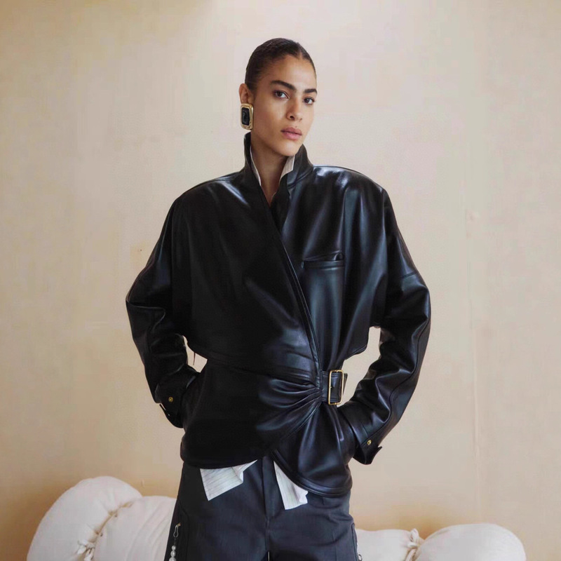 2026 Autumn/Winter New Collection! [Trendy] Designer Brand Stylish Leather Jacket with Waist-Cinching Belt and Patchwork Design
