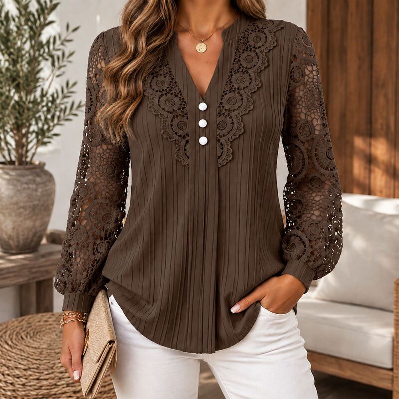 European and American cross-border women's clothing 2026 foreign trade AliExpress Wish shirt new solid color V-neck lace women's blouse European and American cross-border women's clothing 2026 foreign trade AliExpress Wish shirt new solid color V-neck lace women's blouse