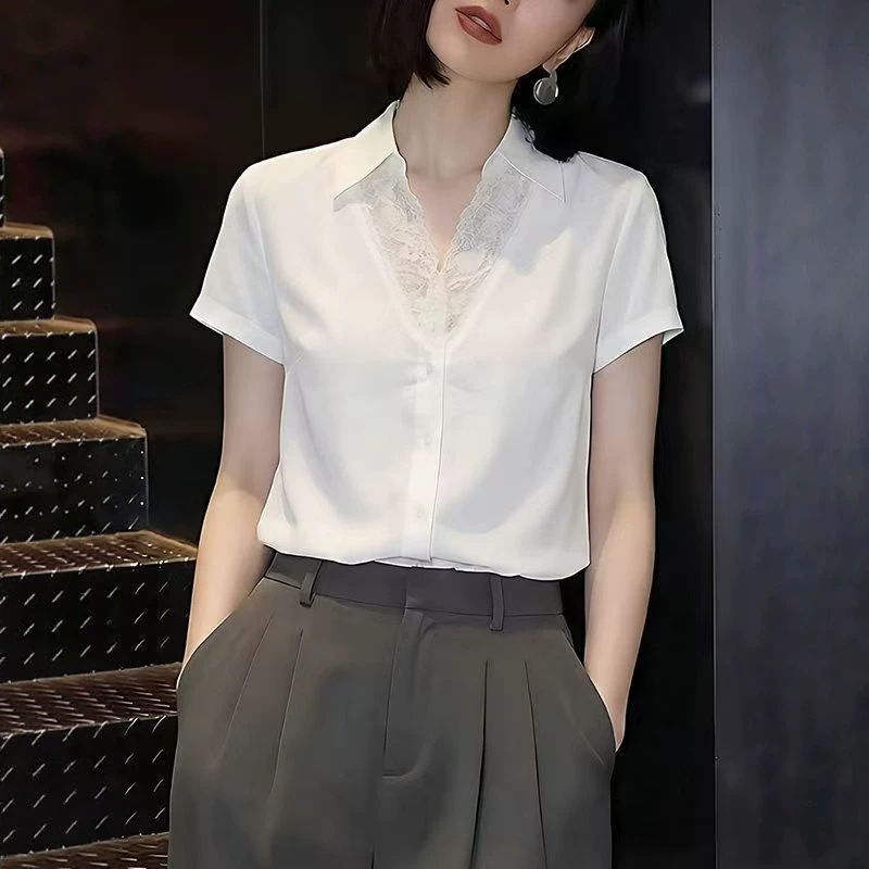 Áo sơ mi nữ ren ghép trắng cổ ve thiết kế dáng suông — trắng chi tiết 2
