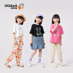 Qqduckカカオカモ夏新作女児半袖可爱いプリントボディシャツ上着ゆったりキッズtシャツコットン
