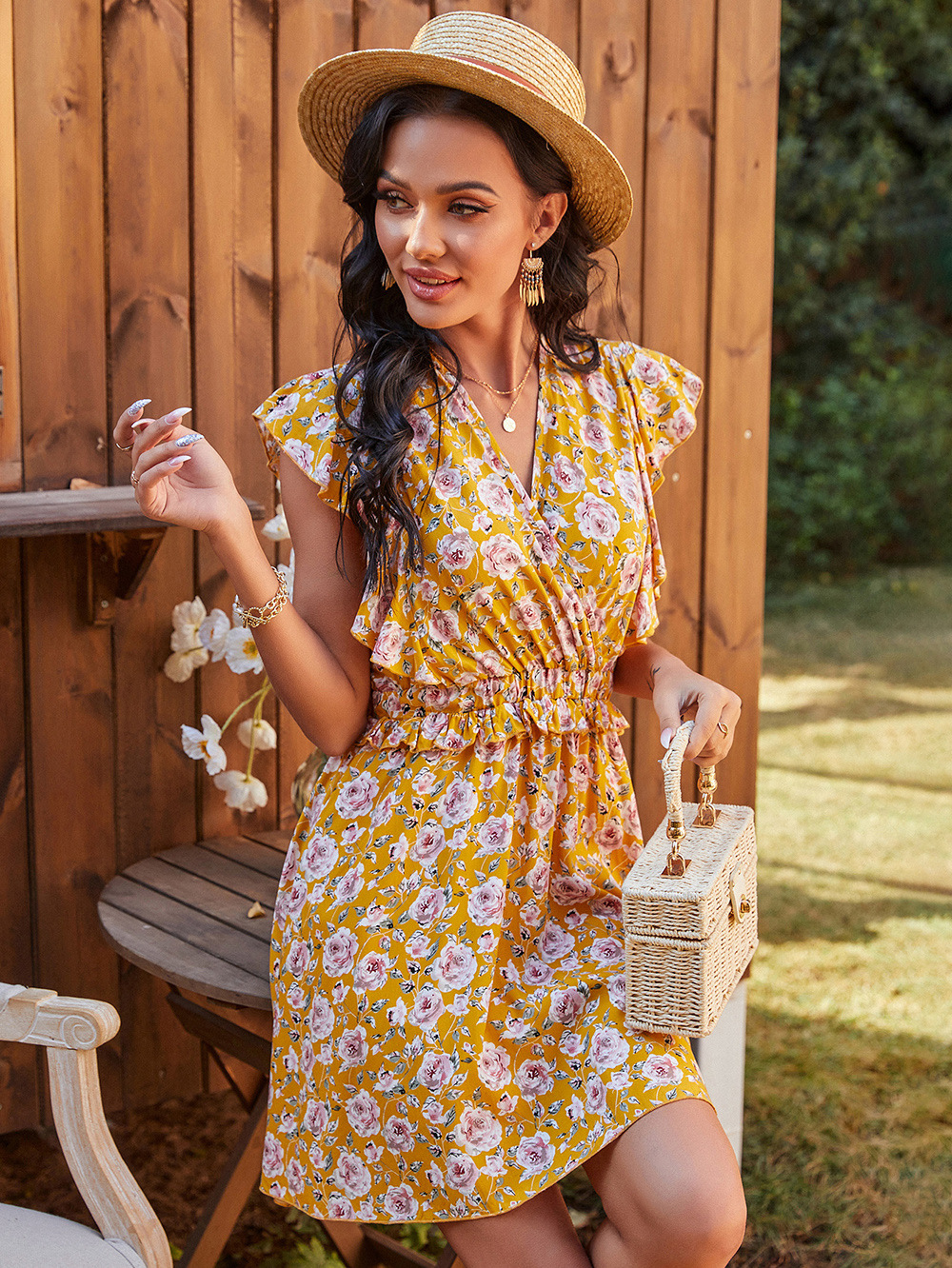 V-neck a-line waist printed dress NSDF36047