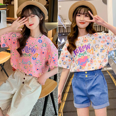 女童夏季新款短袖棉T碎花寬鬆肥版中大童彈力小學生初中生洋氣潮