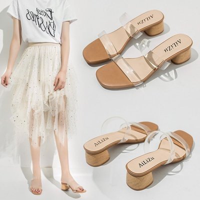 拖鞋女2020新款女鞋夏季魚嘴透明帶涼拖鞋女式粗跟中跟拖鞋女批發