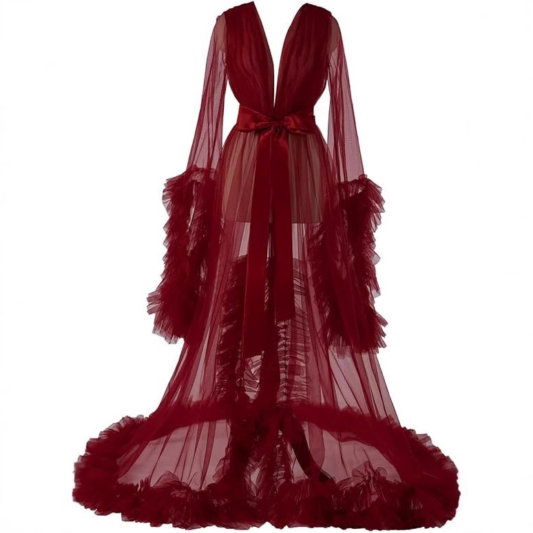 Bridal Robe, Tulle Maternity Bathrobe, Photo Shoot Dreamy Wedding Scarf, Pajamas, Three-Dimensional Pattern Design, Off-Shoulder