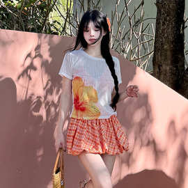 新款短袖罩衫遮肉显瘦清新格子裙式分体四件套日韩学生度假泳衣女