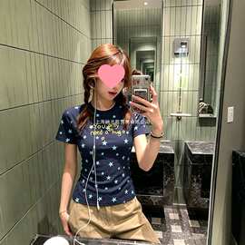 美式韩系甜美星星满印字母正肩短袖t恤女夏季辣妹修身藏青色上衣