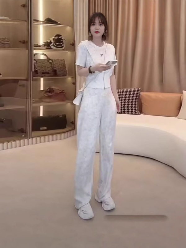 ヨーロッパ夏の女性用半袖スポーツスーツ 2024 新しいファッショナブルでスタイリッシュなデザインのアイスシルクワイドレッグパンツ 2 点セット|undefined