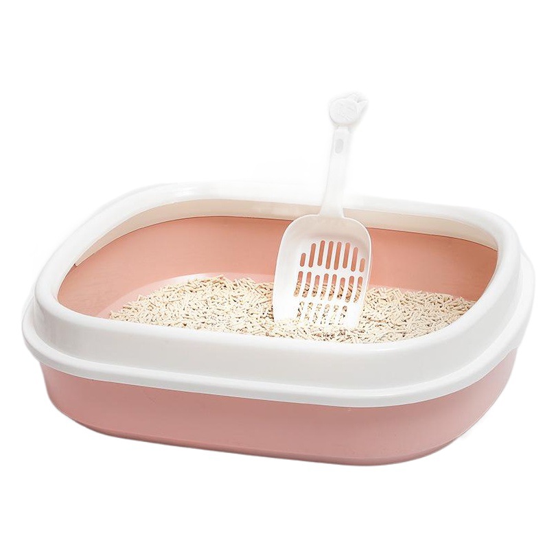 P en stock al por mayor lado alto con pala de arena para gatos anti-salpicaduras Oval semi-cerrado medio gato inodoro mascota caja de arena para gatos