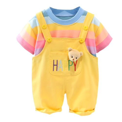 Children's Summer Overalls Two-Piece Set, Striped Short Sleeve Outfit for Boys and Girls, New Arrival, 1884
